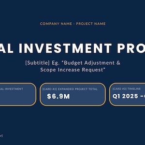 Puede incluir: Una diapositiva de presentación azul oscuro titulada CAPITAL INVESTMENT PROPOSAL con marcadores de posición. Incluye tres tarjetas rectangulares que muestran 4,2 millones de dólares de inversión original, 6,9 millones de total y el cronograma T1 2025-T2 2027.