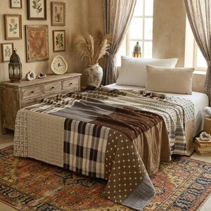 Patchwork Woven Throw Blanket, Brown Beige Cotton Throw, Rustic Farmhouse Bedspread, Cottagecore Couch Cover