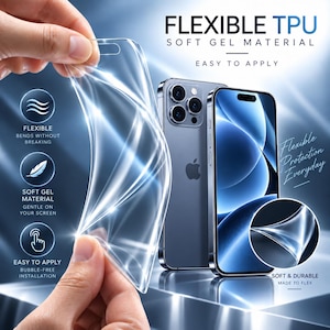 Op de afbeelding: Een doorzichtige, flexibele TPU soft gel schermbeschermer die naast een smartphone wordt gehouden. De tekst op de afbeelding luidt: FLEXIBLE TPU, SOFT GEL MATERIAL, EASY TO APPLY, Flexible Protection Everyday en SOFT & DURABLE MADE TO FLEX.