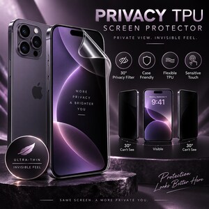 Pode incluir: Um protetor de tela de TPU para smartphone com filtro de privacidade de 30 graus, material flexível e toque sensível. A tela exibe o texto 'MORE PRIVACY A BRIGHTER YOU' e '9:41'. Inclui ícones de recursos e etiquetas descritivas.