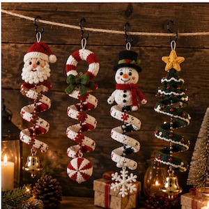 Christmas Spiral Ornament,Crochet Pattern PDF Santa Snowman Candy Cane Tree Amigurumi,Beginner Friendly,20-22 Inch Hanging Holiday Decor.