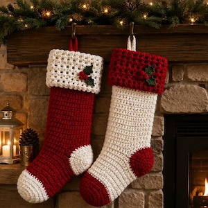 Christmas Stocking Crochet Pattern PDF, Holly Crochet Stocking, Bulky Yarn Holiday Decor, Red & Cream Stocking, Instant Digital Download