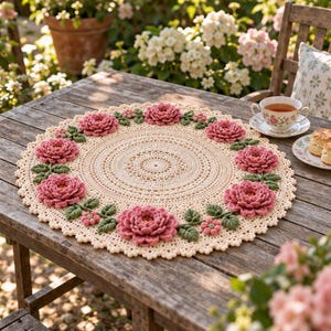 Rose Lace Medallion Crochet Pattern PDF, Round Floral Doily Table Topper, Layered Rose Throw, Cottagecore Home Decor, US Terms Download