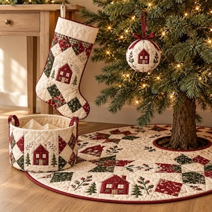 Christmas Patchwork Quilt Pattern, Quilted Stocking Pattern, Fabric Basket Sewing Pattern, Christmas Tree Skirt Pattern, Holiday PDF
