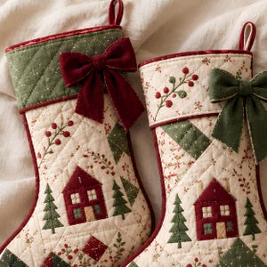Quilted Christmas Stocking Sewing Pattern PDF, Patchwork House Applique Stocking with Bow, Embroidery Templates, Easy DIY Xmas Decor & Gifts