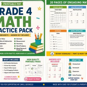 Könnte beinhalten: Ein druckbares PDF-Übungspaket für Mathematik der 4. Klasse mit 20 Arbeitsblättern inklusive Lösungsschlüssel. Das Dokument enthält Abschnitte zu Stellenwert, Multiplikation, Brüchen, Division, Textaufgaben und Geometrie mit bunten Symbolen.
