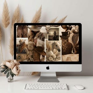 Könnte beinhalten: Ein Desktop-Computer-Monitor zeigt eine digitale Collage mit Bildern zum Thema Western, darunter Cowboyhüte, ein Pferd, ein Sattel und ein Stierschädel. Der Bildschirm hat eine warme Sepia-Optik mit mehreren überlappenden rechteckigen Fotorahmen.