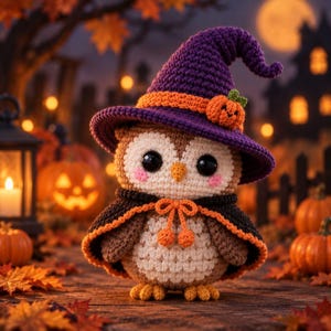 Puede incluir: Una figura de búho tejida a ganchillo que lleva un sombrero de bruja morado con un adorno de calabaza naranja y una capa negra con ribete naranja. El búho tiene grandes ojos negros, un pequeño pico amarillo y mejillas rosadas, con vientre crema y alas marrones.