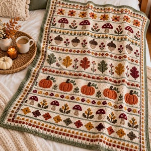 May include: A rectangular crochet blanket featuring a cream-coloured base with horizontal rows of autumn-themed motifs including orange pumpkins, brown acorns, red mushrooms, and various colourful leaves in shades of yellow, green, and deep red.