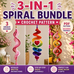 Pode incluir: Um conjunto de padrões de crochê 3 em 1 em espiral com três decorações suspensas. A primeira é rosa, a segunda é uma espiral arco-íris com um coração central e a terceira é amarela e vermelha com detalhes de flores e folhas. Inclui PDF.