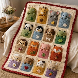 Puede incluir: Una manta de ganchillo color crema con un borde festoneado rojo oscuro y dieciséis bolsillos individuales. Cada bolsillo contiene un pequeño animal de ganchillo relleno, incluyendo un dinosaurio, jirafa, ratón, elefante, panda, pingüino, perro, rana, erizo, tigre, cerdo, zorro, oveja, oso, gato y conejo.