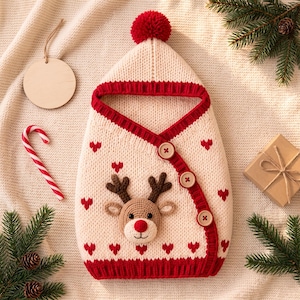 Könnte beinhalten: Eine cremefarbene, gestrickte Baby-Wickeldecke mit Kapuze und rotem Bommel, einer Rentier-Applikation mit roter Nase und kleinen roten Herzmustern. Die Decke hat eine diagonale rote Kante, die mit drei großen Holzknöpfen verschlossen wird.
