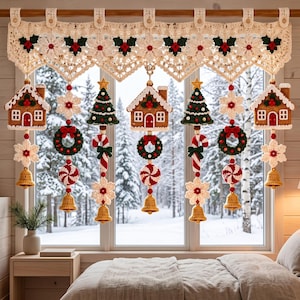 May include: A cream-colored crocheted window valance featuring a scalloped edge and hanging ornaments. The ornaments include gingerbread houses, green Christmas trees, red and green wreaths, candy canes, peppermint swirls, and gold bells.