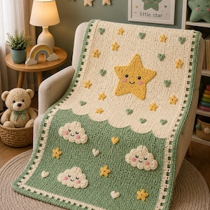 May include: A crochet blanket featuring a two-tone design of cream and sage green. The cream section displays a large yellow star with a smiling face, while the green section features three white clouds with smiling faces. Small yellow stars and green hearts are scattered across the blanket, which has a scalloped edge and a grid-like border.
