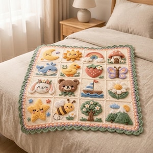 Puede incluir: Una manta de ganchillo de color crema con una cuadrícula de dieciséis paneles cuadrados. Cada panel muestra un motivo único, en relieve y colorido, que incluye una luna, sol, arcoíris, seta, ballena, pato, fresa, mariposa, conejo, oso, velero, flor, estrella, abeja, árbol y montañas.