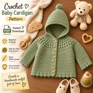 Op de afbeelding: Een saliegroen gehaakt babyvest met capuchon, pompon, houten knopen en geschulpte randen. De afbeelding bevat de tekst: Crochet Baby Cardigan Pattern, Instant PDF Download, Beginner Friendly, Step-by-Step Instructions.