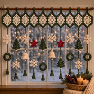 May include: A decorative window valance featuring a series of crocheted dark green hexagonal panels with cream-colored snowflake motifs. Hanging from the valance are vertical strands adorned with crocheted snowflakes, pine trees, bells, red stars, and rings, accented with small wooden beads and dark green tassels.