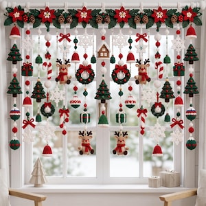 Virkat julgardinmönster PDF, julhängande dekorationer, julstjärna snöflinga ren