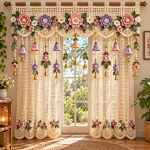 Patrón de cortina de encaje floral a crochet, cenefa de ventana estilo cottagecore (PDF)
