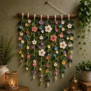 Può includere: Una decorazione da parete composta da un ramo di legno orizzontale con otto fili pendenti di foglie verdi e fiori multicolori all'uncinetto nelle tonalità rosa, giallo, bianco, blu e viola, sospesa tramite un cordino bianco per l'esposizione.
