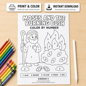 Puede incluir: Una hoja de actividades de colorear por números en blanco y negro titulada Moses and the Burning Bush, que muestra una figura barbuda con un bastón y un arbusto en llamas. La página incluye secciones numeradas y una clave de color, con Exodus 3.