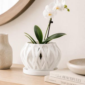 May include: A white, spherical planter with an intricate, lattice-like cutout design and a matching circular drip tray. A single white orchid plant with green leaves is potted inside the container, supported by a thin black stake.