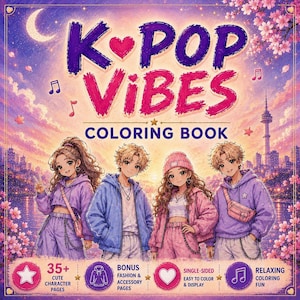 Libro para colorear de Kpop, 40 páginas a una sola cara en formato PDF de 8.5 x 8.5 pulgadas.