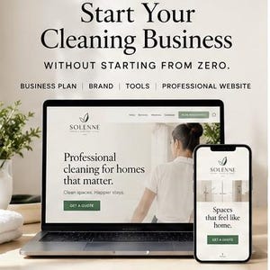 Puede incluir: Un ordenador portátil y un smartphone muestran el sitio web de una empresa de limpieza llamada Solenne. La pantalla muestra el texto Start Your Cleaning Business Without Starting From Zero, junto con secciones para planes de negocio.