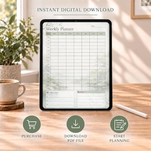 Peut inclure: Une tablette numérique affichant un modèle de planificateur hebdomadaire avec un fond botanique vert clair. Le planificateur comprend une grille pour les jours de la semaine, des créneaux horaires de 6h à 20h, et des sections pour les objectifs.
