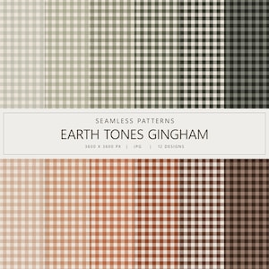 Peut inclure: Une collection de motifs vichy sans couture dans des tons terre, avec une grille de carrés dans des nuances de beige, olive, brun et terre cuite. Le texte indique : SEAMLESS PATTERNS EARTH TONES GINGHAM 3600 X 3600 PX | JPG | 12 DESIGNS.