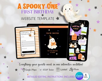 Spooky One Birthday Website Invitation, First Boo Day Invite, Halloween 1st Birthday, Interactive Canva Website with RSVP