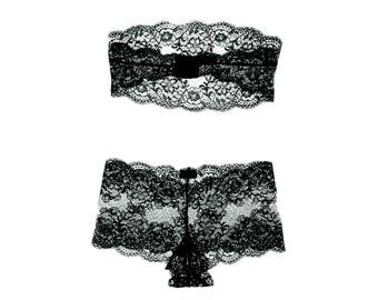 Triangle Bra and Panties -Lingerie 20's black  // Undies in Sheer Soft French Lace handmade of Fransik