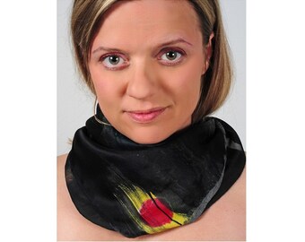 Woman Scarf. Hand Painted Shawl. Multicolor Silk Scarf. Echarpe Foulard. Gift for Her. Black Sunrise