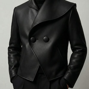 Leder-Wickeljacke, schwarzer Herrenblazer aus Lammleder mit asymmetrischer Doppelknopfleiste