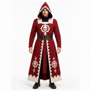 Men's dark red hooded robe costume with cream trim, cog-and-skull chest emblem, stepped geometric borders, wide black leather belt and black combat boots, full-length front-open coat displayed on a model against white background.