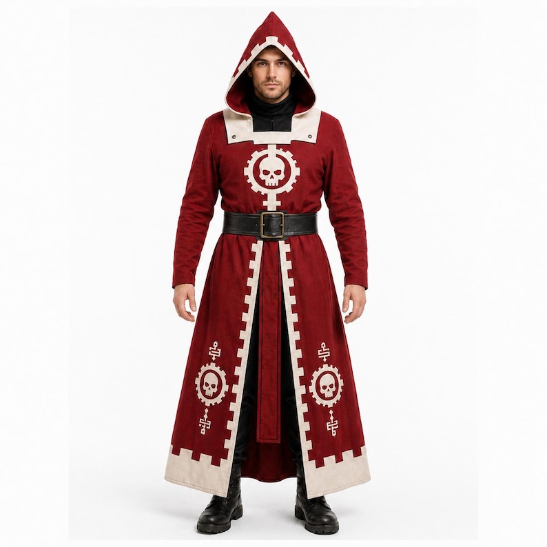 Men's dark red hooded robe costume with cream trim, cog-and-skull chest emblem, stepped geometric borders, wide black leather belt and black combat boots, full-length front-open coat displayed on a model against white background.