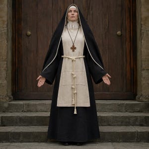 May include: A religious habit consisting of a long black floor-length gown with wide sleeves, a beige apron-style tabard, and a black head covering with white trim. A white ruffled collar, a wooden cross pendant, and a knotted rope belt are included.