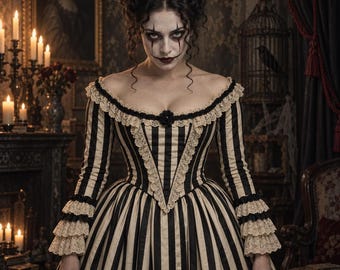 May include: A floor-length gown featuring vertical black and beige stripes, an off-the-shoulder neckline trimmed with beige lace, long sleeves with tiered ruffled cuffs, and a small black rose accent at the center of the bodice neckline.
