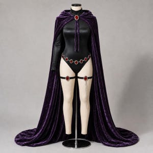 May include: A floor-length deep purple velvet hooded cape featuring a central red oval gemstone clasp. The ensemble includes a black long-sleeved bodysuit, a silver-toned chain belt with red oval gemstones, and two matching red gemstone thigh bands.