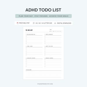 ADHD Daily Planner | Daily Todo List, Focus Checklist, Task Management (PDF)
