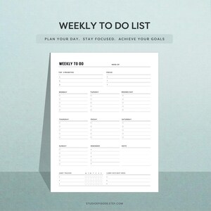 May include: A white weekly to-do list planner page with black text. It features sections for top 3 priorities, focus, daily tasks from Monday to Sunday, reminders, notes, a habit tracker, and a carry into next week section. The header reads WEEKLY TO DO LIST.