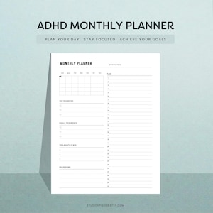 Peut inclure: Une page de planning mensuel blanche avec du texte noir intitulée ADHD MONTHLY PLANNER. Elle comprend une grille de calendrier, des sections pour les priorités, les objectifs, les réussites, un espace notes et une liste numérotée de 1 à 31.