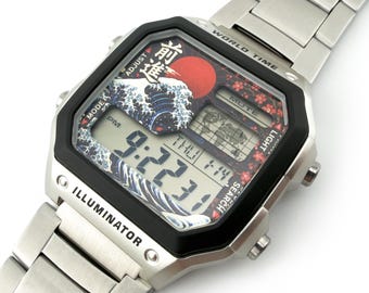 Custom Casio AE-1200 Watch – Great Wave UV-Printed Faceplate, Upgraded LED Illumination