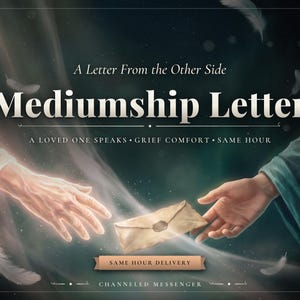 Può includere: Una grafica digitale con il testo A Letter From the Other Side Mediumship Letter A Loved One Speaks Grief Comfort Same Hour Same Hour Delivery Channeled Messenger con due mani che si protendono verso una busta sigillata tra piume fluttuanti.