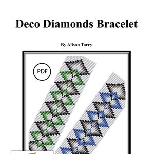 May include: PDF pattern for a beaded bracelet with a geometric design featuring green, blue, and white diamonds. The pattern is titled "Deco Diamonds Bracelet" by Alison Tarry.