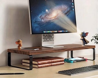 Wooden Monitor Stand Riser, Desktop Organizer Shelf for Computer & Laptop, Ergonomic Wood Screen Riser, Aesthetic Desk Setup Accessories