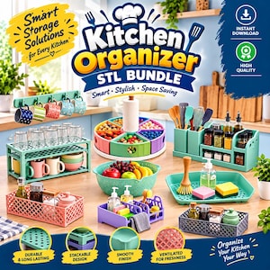 May include: A digital collection of 3D printable kitchen organiser designs featuring a mug rack, a rotating snack tray with a paper towel holder, utensil caddies, a colander, soap dispensers, sponges, and storage baskets in various pastel colours.