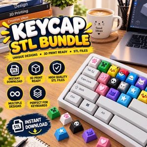 May include: A digital bundle of 3D printable keycap STL files featuring various icons like paw prints, stars, skulls, and characters. The image displays a white mechanical keyboard with colorful custom keycaps installed and loose keycaps.