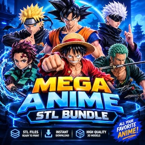 Può includere: Un'immagine digitale con sei personaggi anime e il testo in giallo e blu MEGA ANIME STL BUNDLE. Sotto il testo ci sono icone per file STL, download istantaneo e modelli 3D di alta qualità, insieme a un badge blu con la scritta.