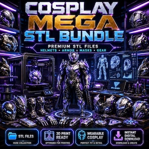 May include: A digital collection titled COSPLAY MEGA STL BUNDLE featuring 3D printable files for sci-fi armor, helmets, and masks. The image displays a central armored figure surrounded by various metallic, purple-accented gear and components.